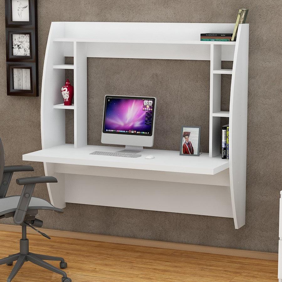 Birou Buglem Elegant cu biblioteca, Alb, 124 x 120 x 55 cm