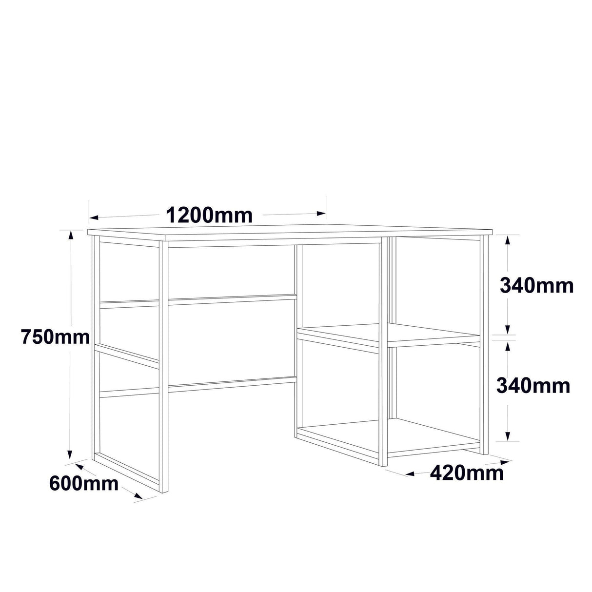 Birou Dario cadru metal cu rafturi Dreapta, Negru -Stejar, 120 x 75 x 60 cm