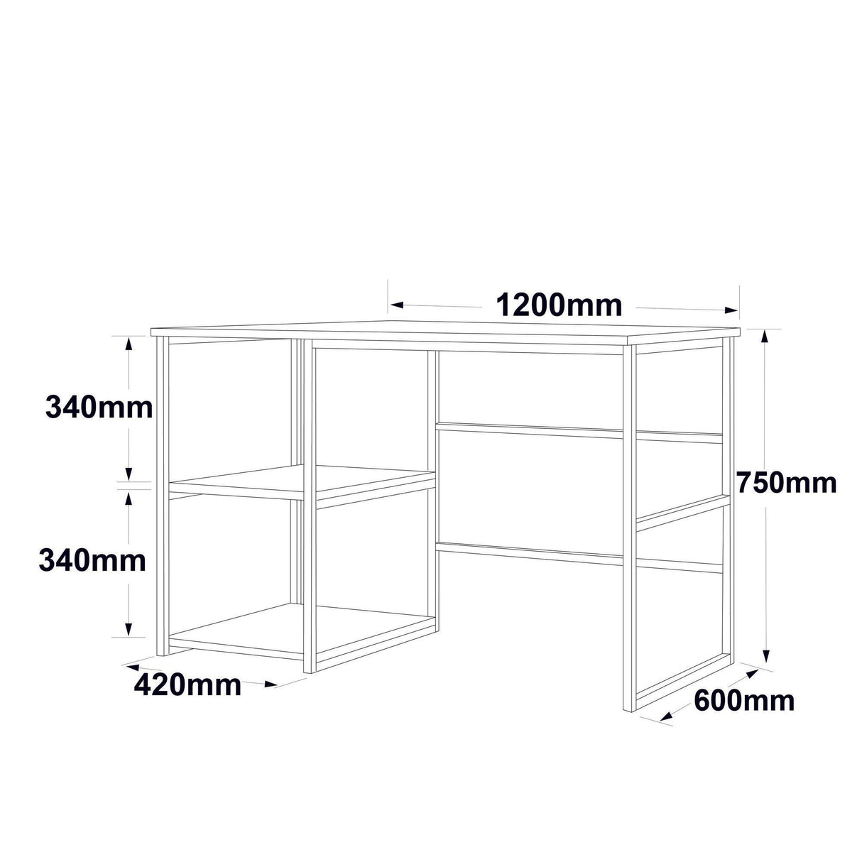 Birou Dario cadru metal cu rafturi Stanga, Negru -Stejar, 120 x 75 x 60 cm