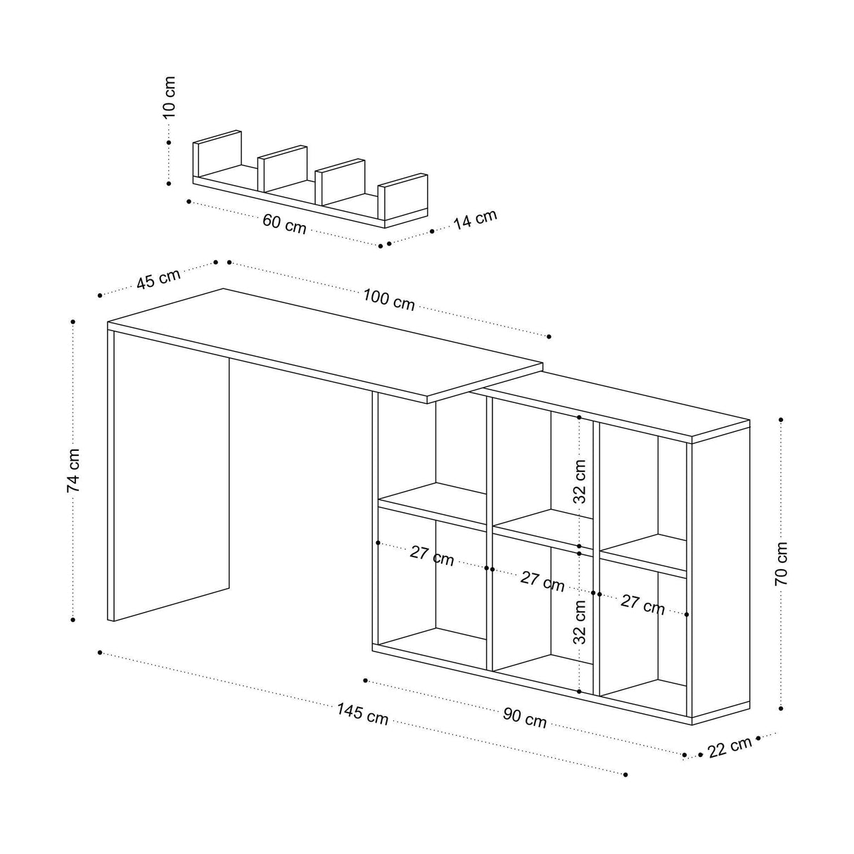 Birou Multifunctional Blake cu Rafturi, Stejar, 145 x 74 x 45 cm