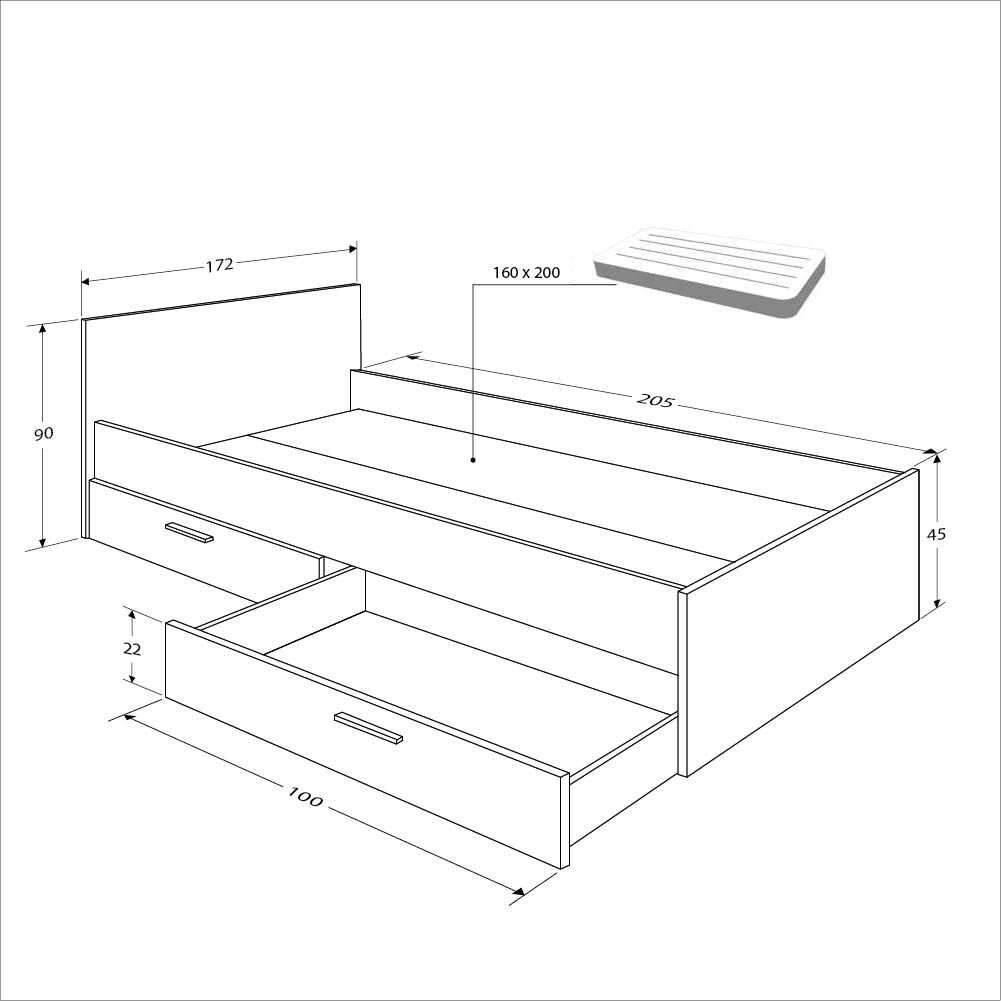 Pat dublu Adore Trendline cu sertare,  172 x 90 x 205 cm