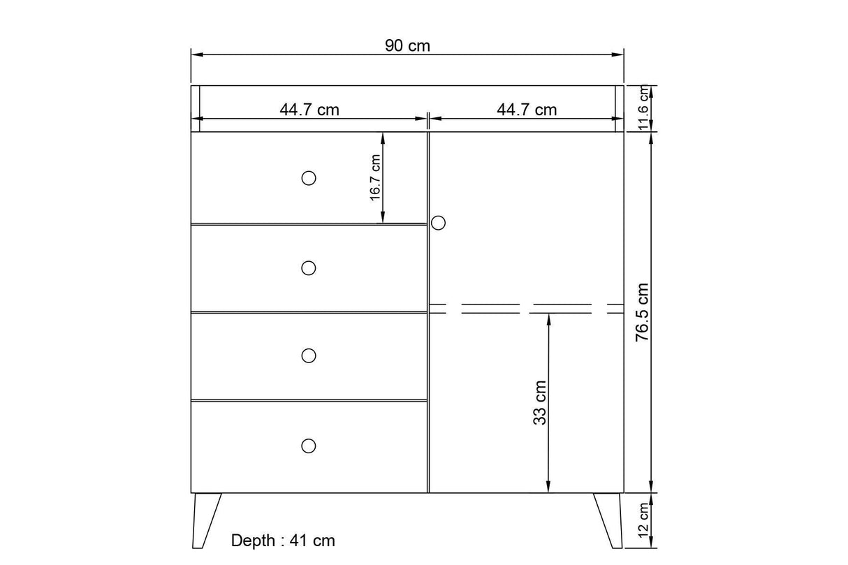 Comoda Tango cu 4 sertar si Usa, Alb, 90 x 88 x 41 cm