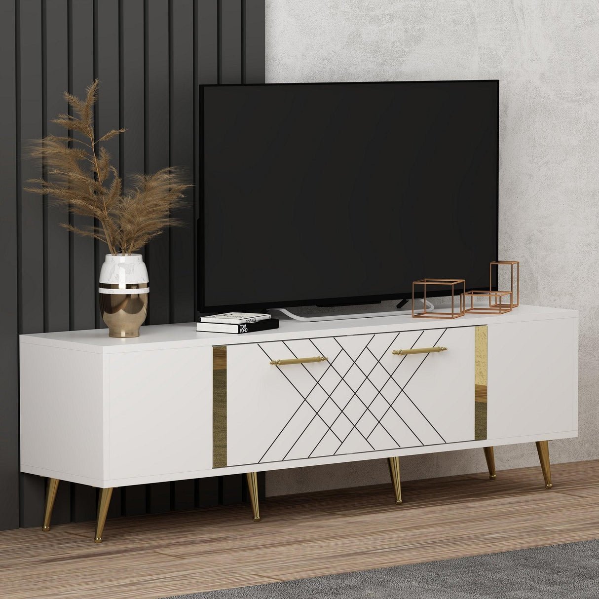 COMODA TV Detas - White, Gold, Alb, 150x48x35 cm