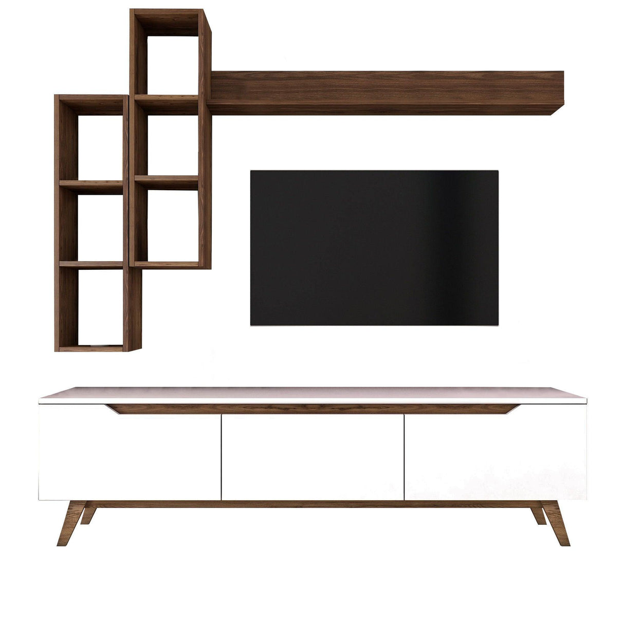 Comoda tv Hirvat cu biblioteca elegant, Alb - Nuc, 180 x 49 x 35 cm