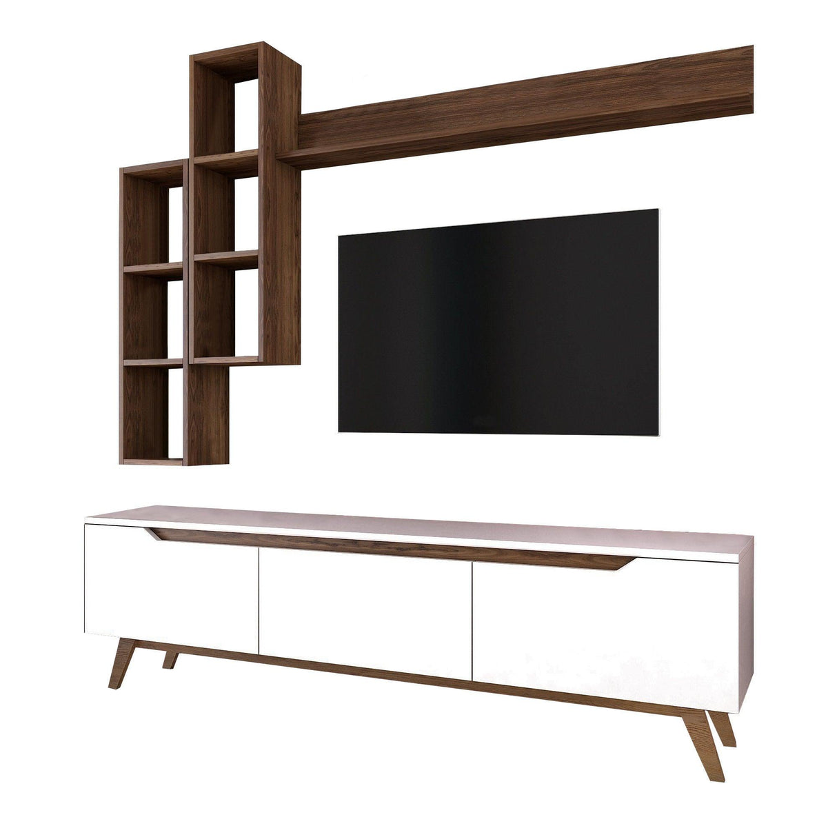 Comoda tv Hirvat cu biblioteca elegant, Alb - Nuc, 180 x 49 x 35 cm