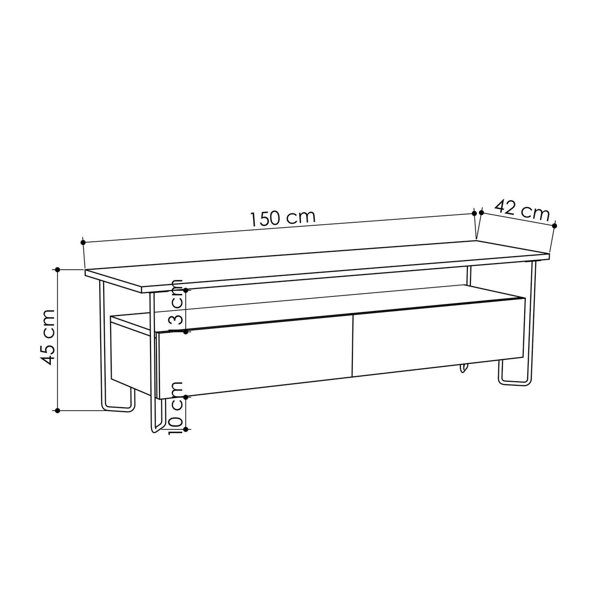 Comoda Tv Karam cadru metal cu 2 usi, Stejar, 150 x 45 x 42 cm