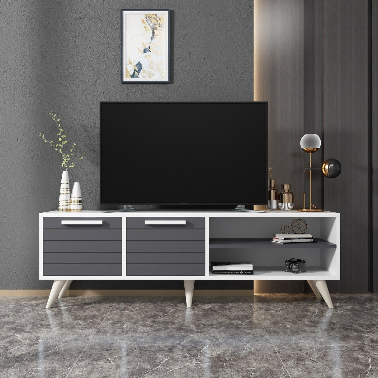 Comoda TV Noyan - White, Anthracite, Alb, 48x30x150 cm