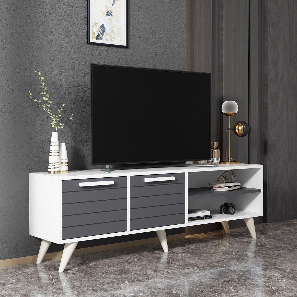 Comoda TV Noyan - White, Anthracite, Alb, 48x30x150 cm