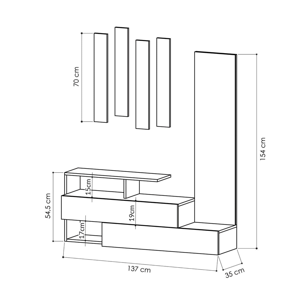 Cuier cu pantofar Alev cu 2 compartimenta, Alb Stejar, 137 x 171 x 35 cm