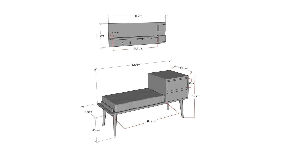 Cuier cu taburet  Hamra, Nuc, 80x30x9 - 120 x 75 x 45 cm