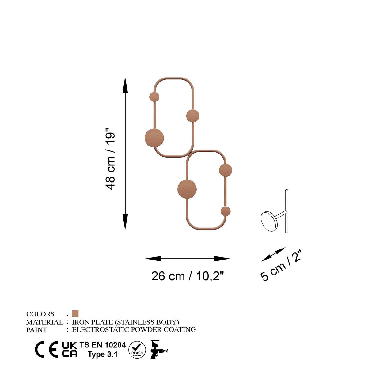 Cuier de hol metalic Metal Wall Hook Antonio 5, Cupru, 26x5 cm