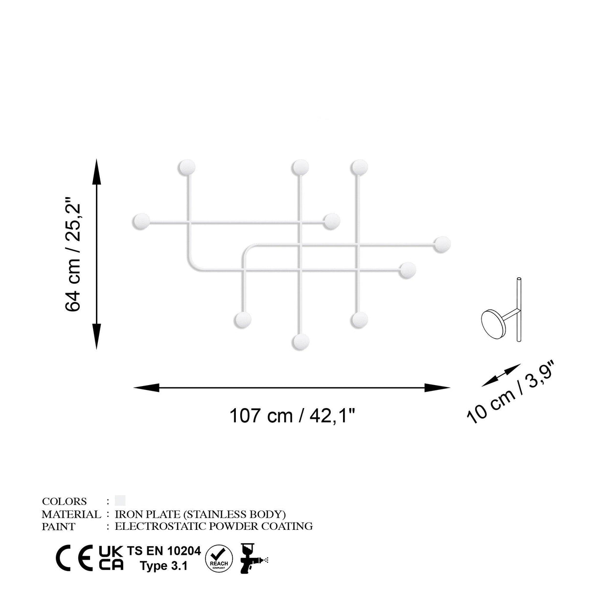 Cuier de hol metalic Metal Wall Hook Minimal 5, Alb, 107x64x10 cm