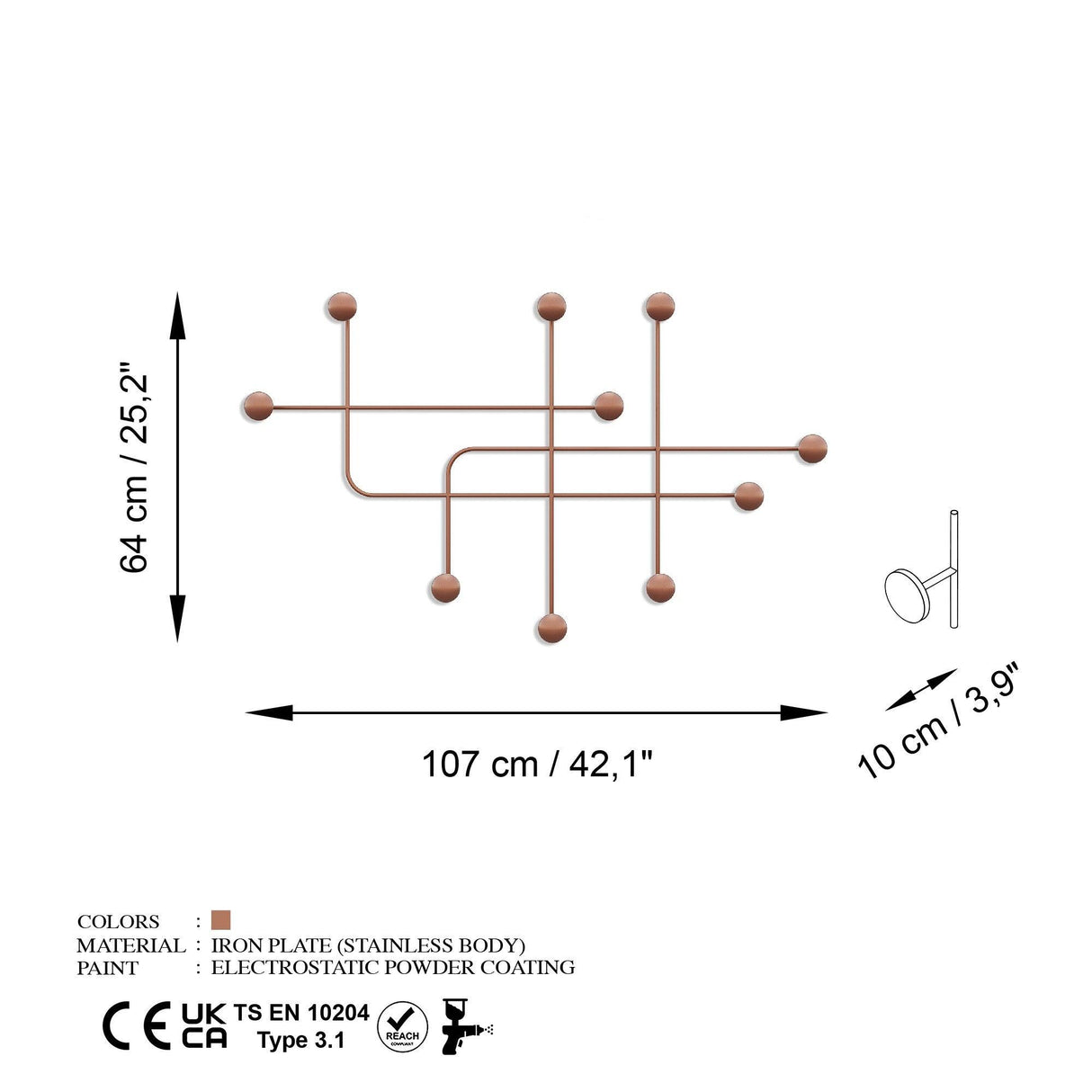 Cuier de hol metalic Metal Wall Hook Modern 3, Cupru, 107x64x10 cm