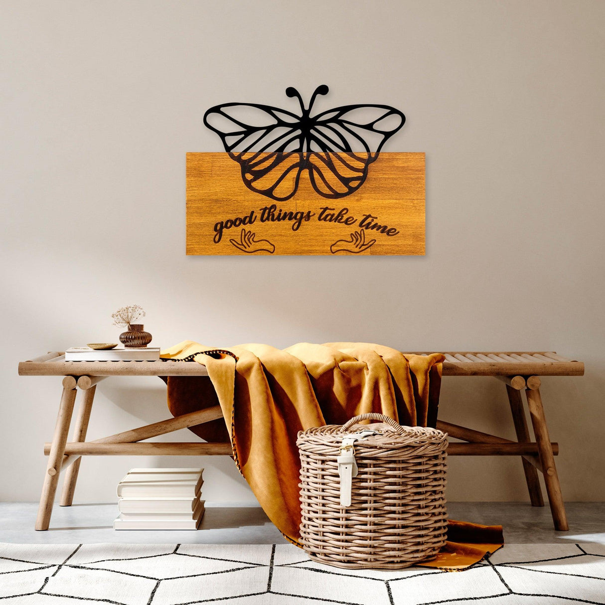 Decoratiune de perete lemn Butterfly 5, Nuc, 58x42x3 cm