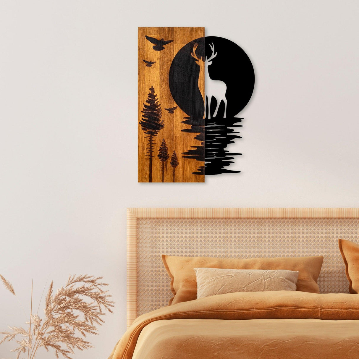 Decoratiune de perete lemn Deer and Moon, Nuc, 43x58x3 cm