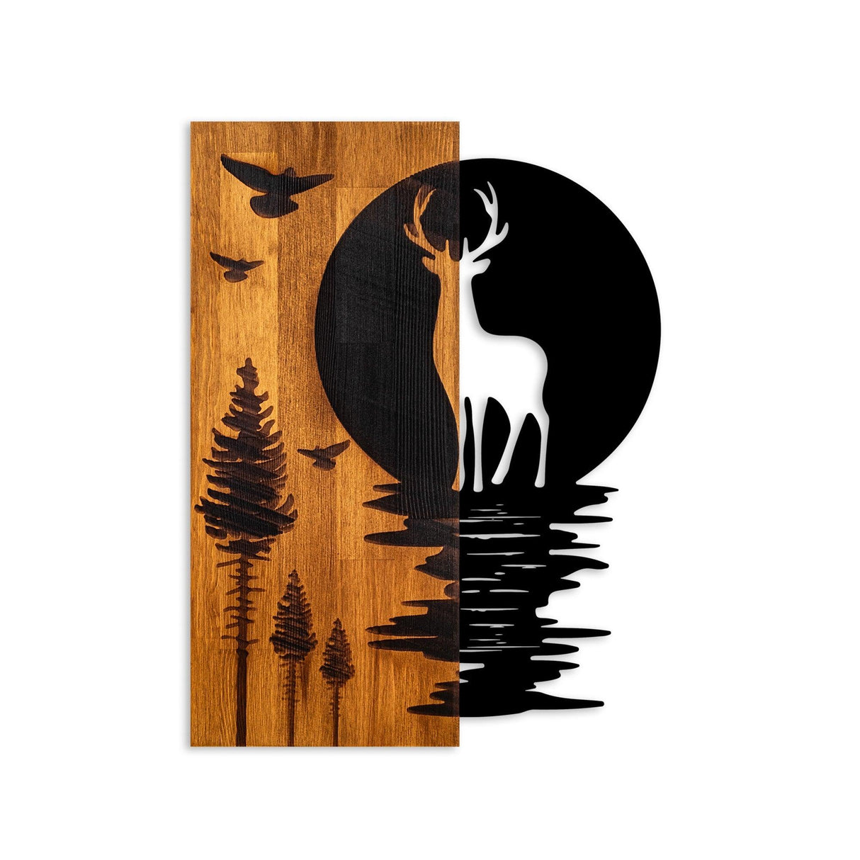 Decoratiune de perete lemn Deer and Moon, Nuc, 43x58x3 cm