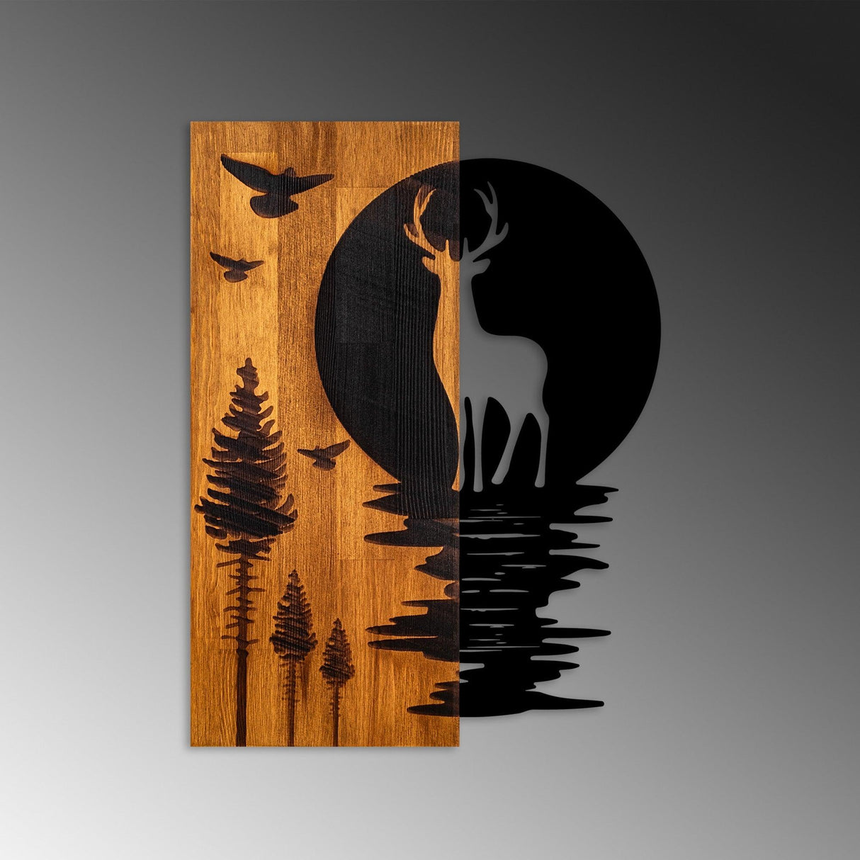 Decoratiune de perete lemn Deer and Moon, Nuc, 43x58x3 cm