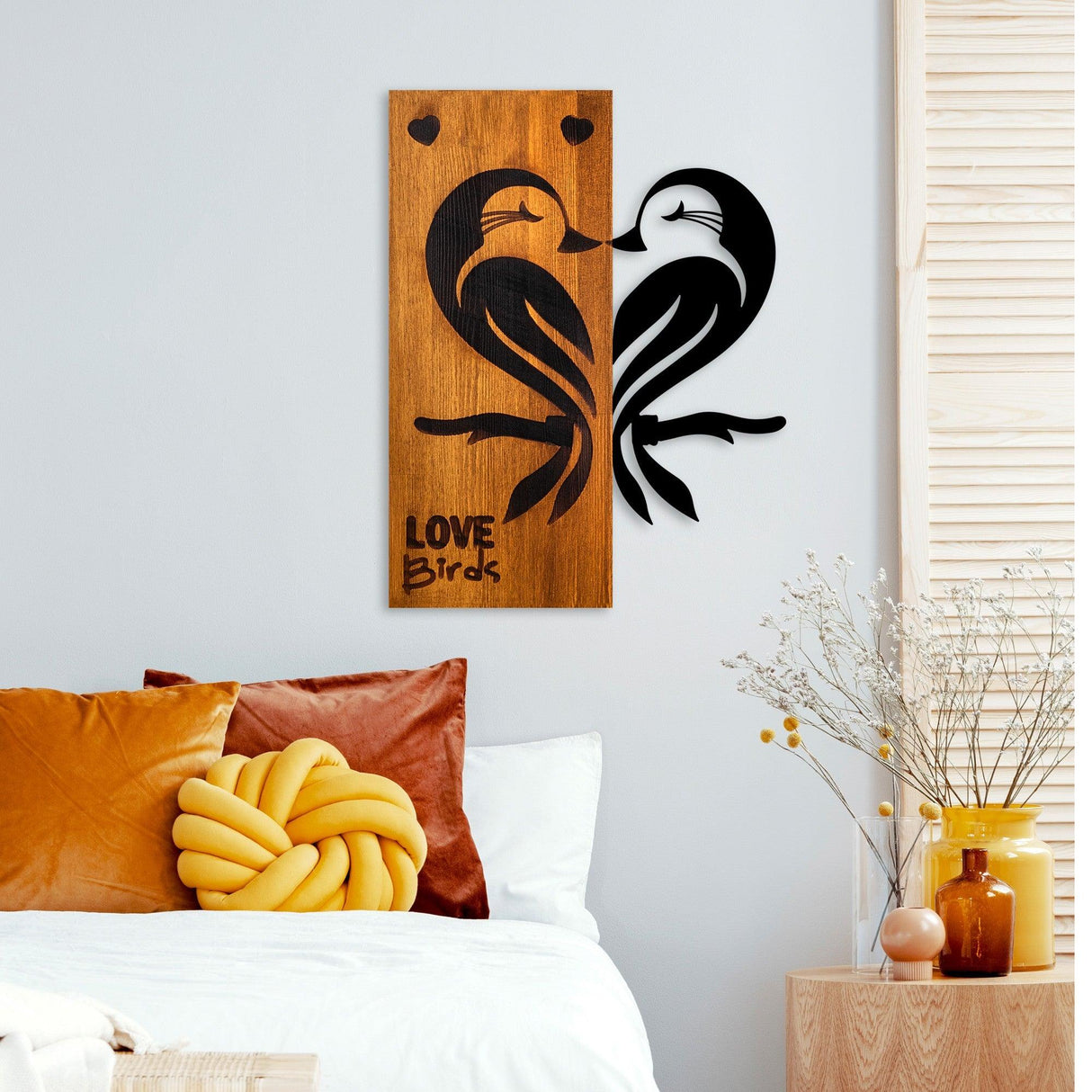 Decoratiune de perete lemn Love Birds 5, Nuc, 45x58x3 cm