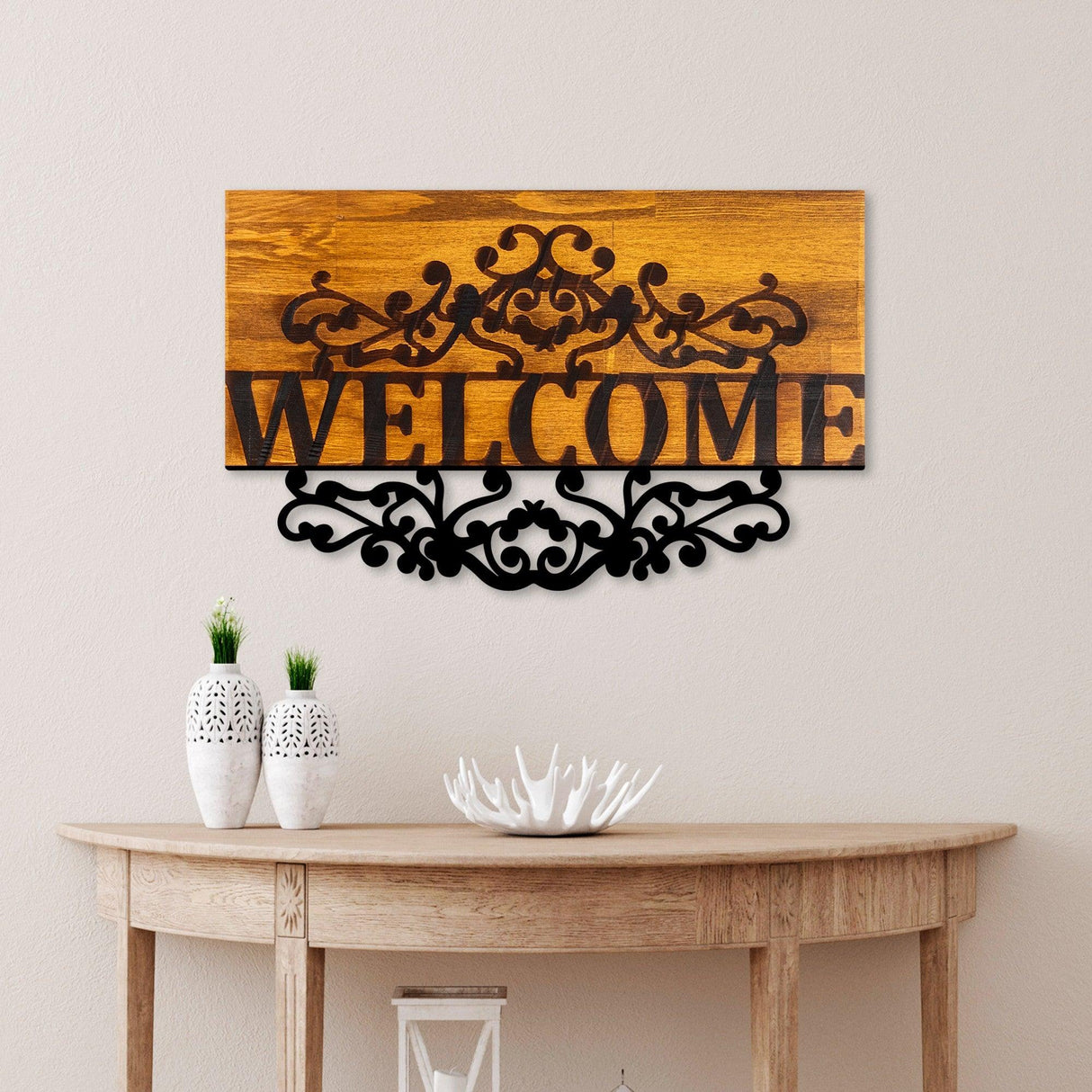 Decoratiune de perete lemn Welcome, Nuc, 58x36x3 cm