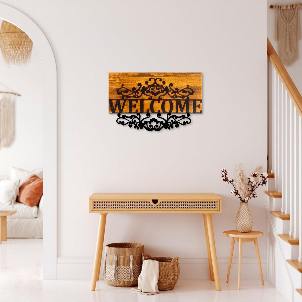 Decoratiune de perete lemn Welcome, Nuc, 58x36x3 cm