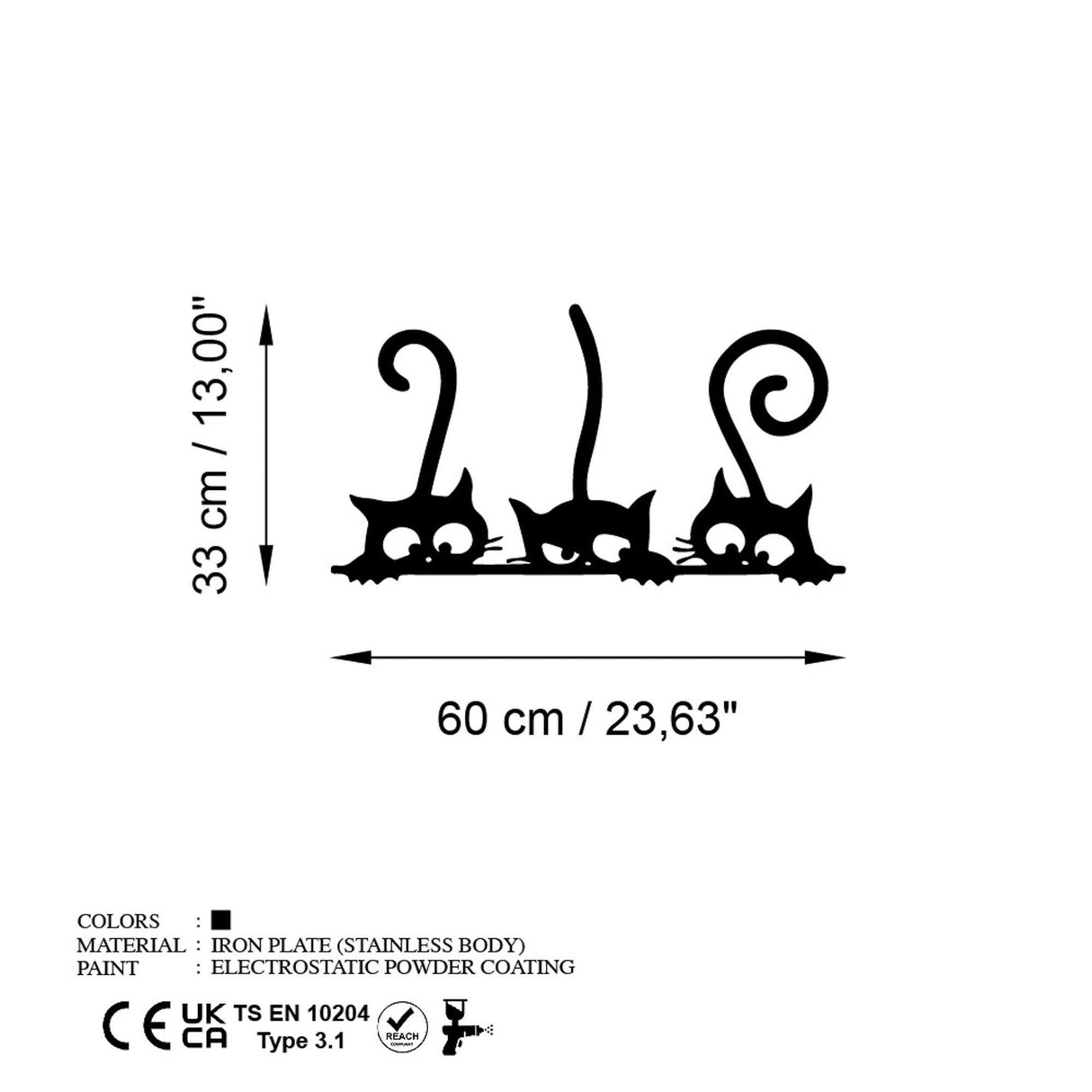 Decoratiune de perete Metal Cat 5, Negru, 60x33 cm