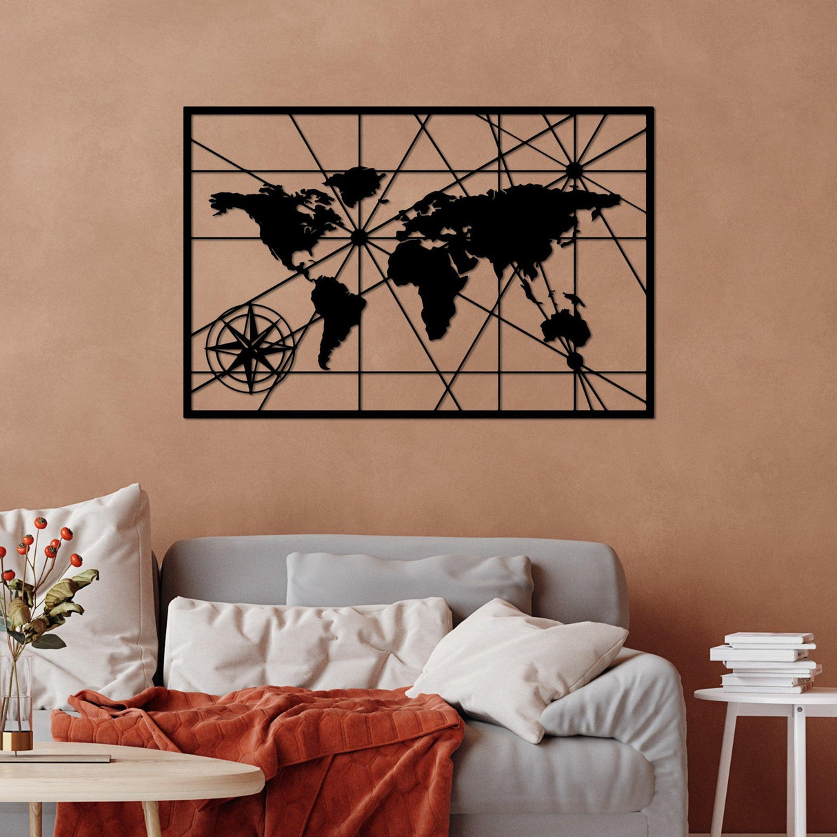 Decoratiune de perete Metal World Map 1, Negru, 74x49 cm