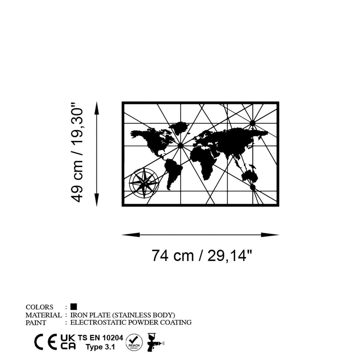 Decoratiune de perete Metal World Map 1, Negru, 74x49 cm