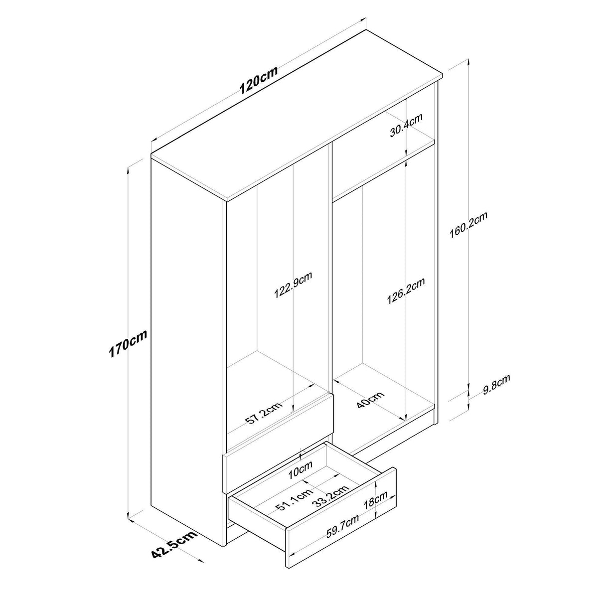 Dulap Haine Cedi 4 usi si 2 sertare si 2 bare de umerase, Nuc, 120 x 170 x 43 cm