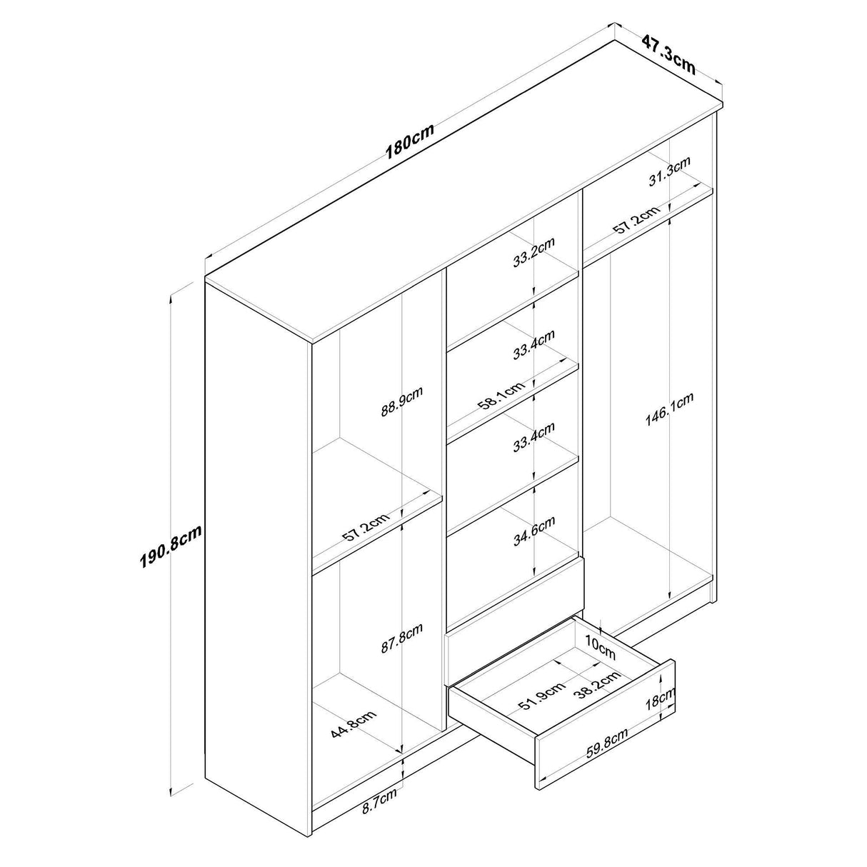 Dulap Haine Kenan 6 usi si 2 sertare, Nuc, 180 x 191 x 47 cm