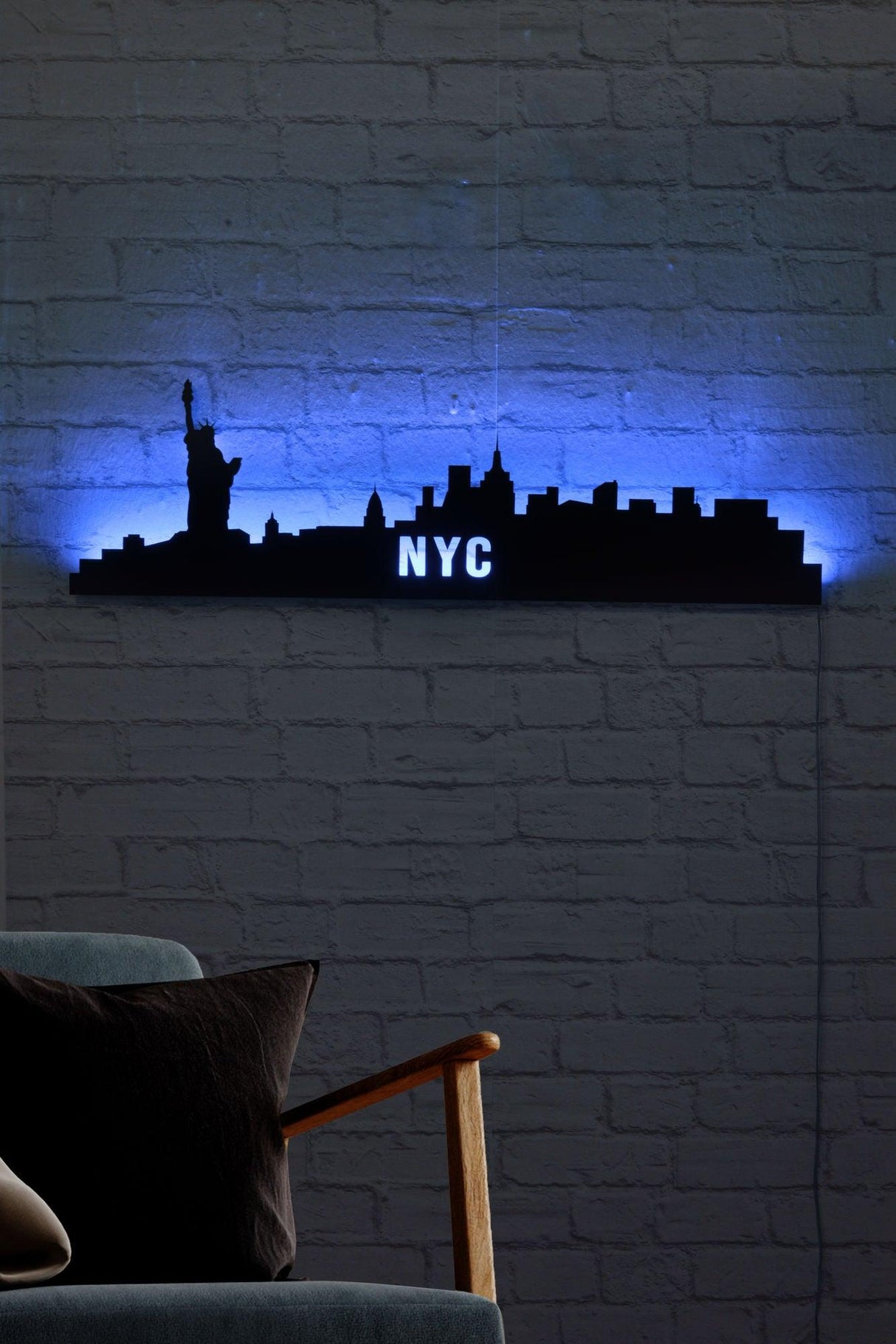 Iluminat decorativ LED NYC Skyline, Albastru, 80 x 24 cm