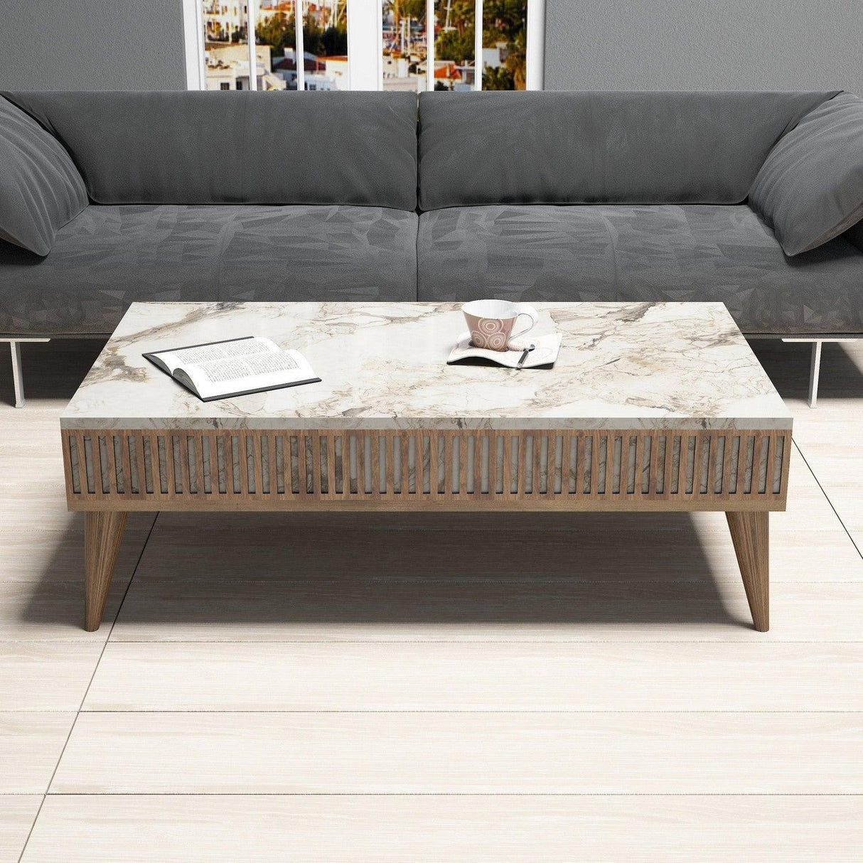 Masuta de cafea Milan - Walnut, White Marble, Nuc, 105x35x60 cm