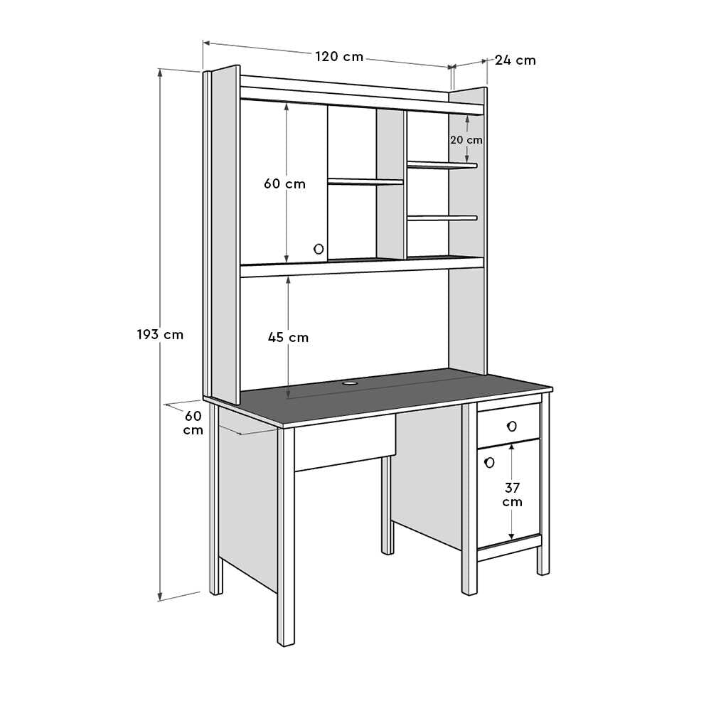 Birou Adore Rustic cu biblioteca, Alb, 120 x 193 x 60 cm