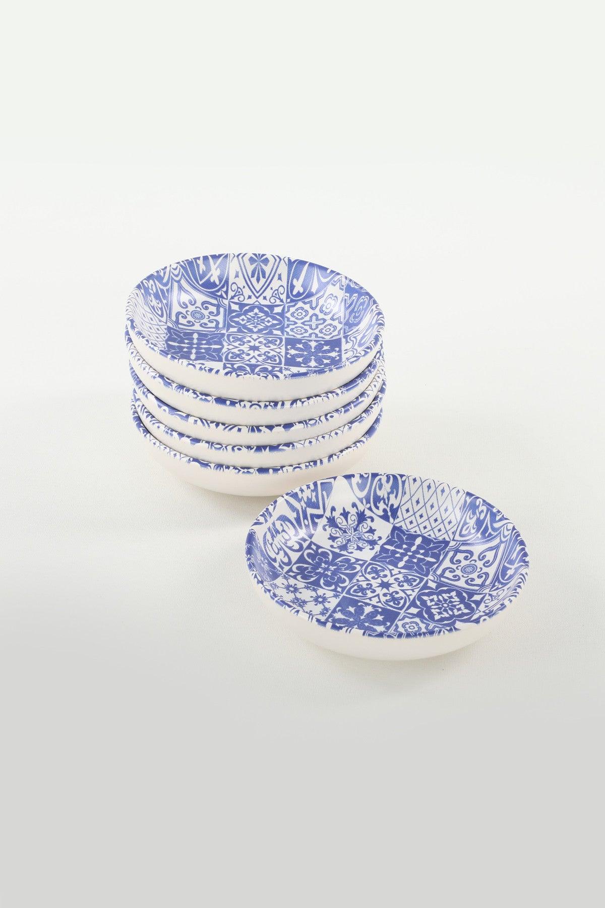 Set farfurii cu sos Sauce Plate Set Blue Ring Snack / Sauce Bowl 13 Cm 6 Pieces - 17926, Alb, 22x19x22 cm