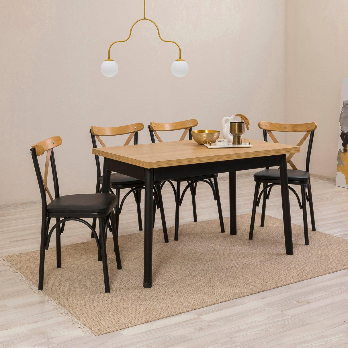 Set masă și scaune (5 bucăți) OLİVER SBT WHİTE KARİNA-Table & Chairs Set  3, Negru, 77x75x120 cm