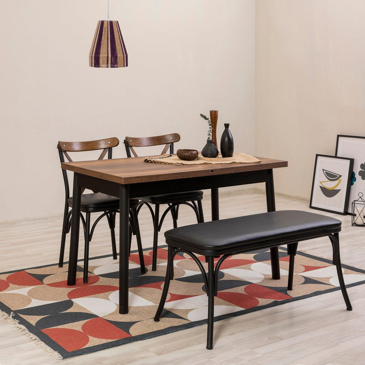 Set masă și scaune extensibile (4 bucăți) OLVER SBT BAROK-BLACK Table & Chairs Set  5, Negru, 77x75x120 cm