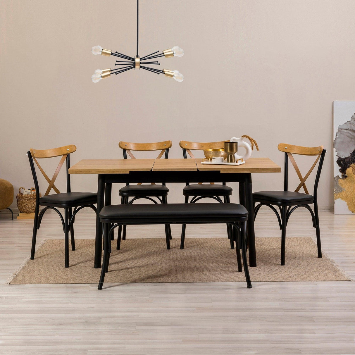 Set masă și scaune extensibile (6 bucăți) OLİVER AÇL.BAROK Extendable Dining Table & Chairs Set  4, Negru, 77x75x120 cm