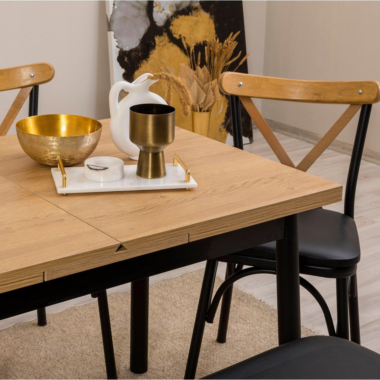 Set masă și scaune extensibile (6 bucăți) OLİVER AÇL.BAROK Extendable Dining Table & Chairs Set  4, Negru, 77x75x120 cm