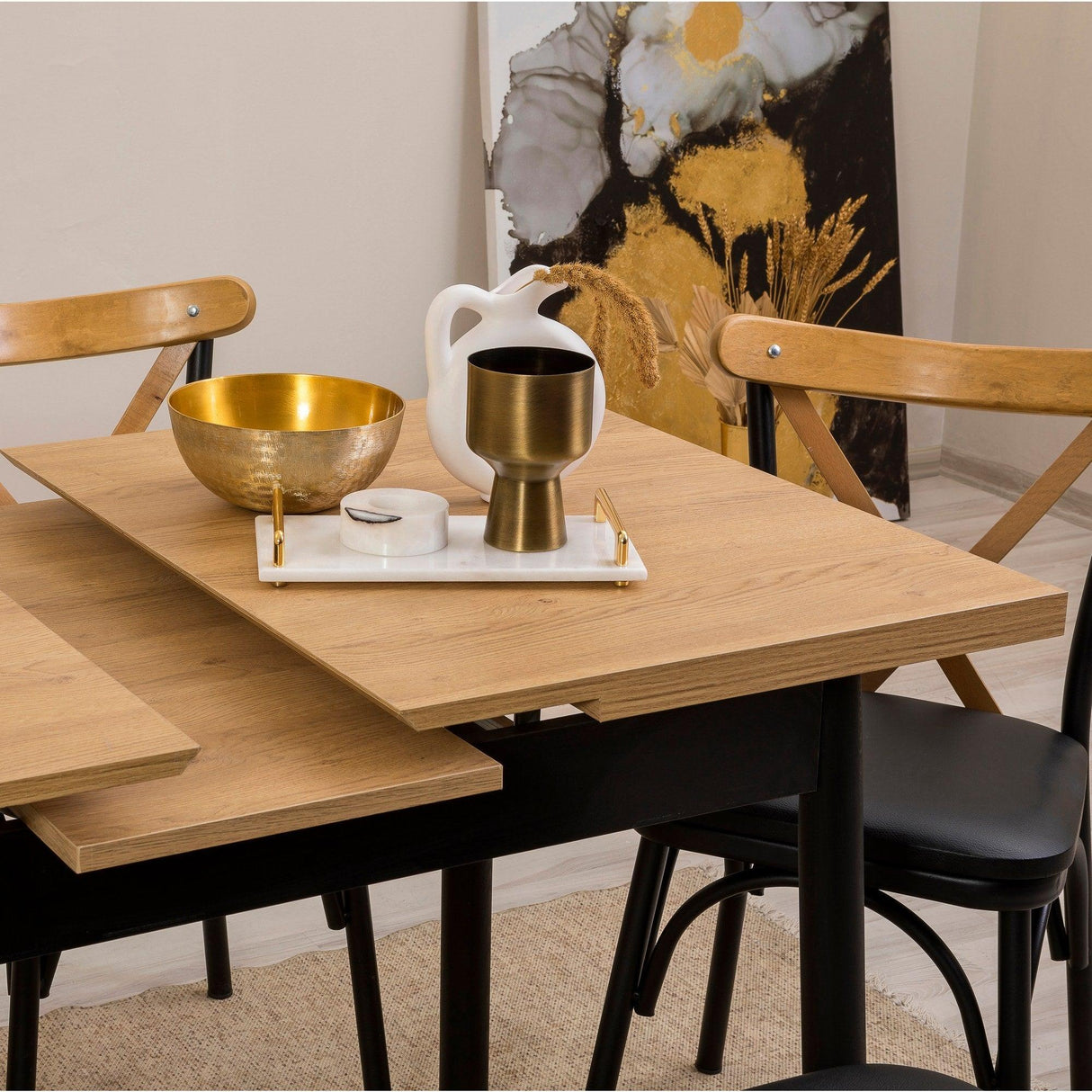 Set masă și scaune extensibile (6 bucăți) OLİVER AÇL.BAROK Extendable Dining Table & Chairs Set  4, Negru, 77x75x120 cm