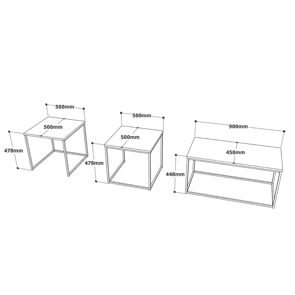 Set Masuta de cafea Kimmich , Stejar, 3 piese,  90 x 45 x 45 - 50 x 48 x 50 cm