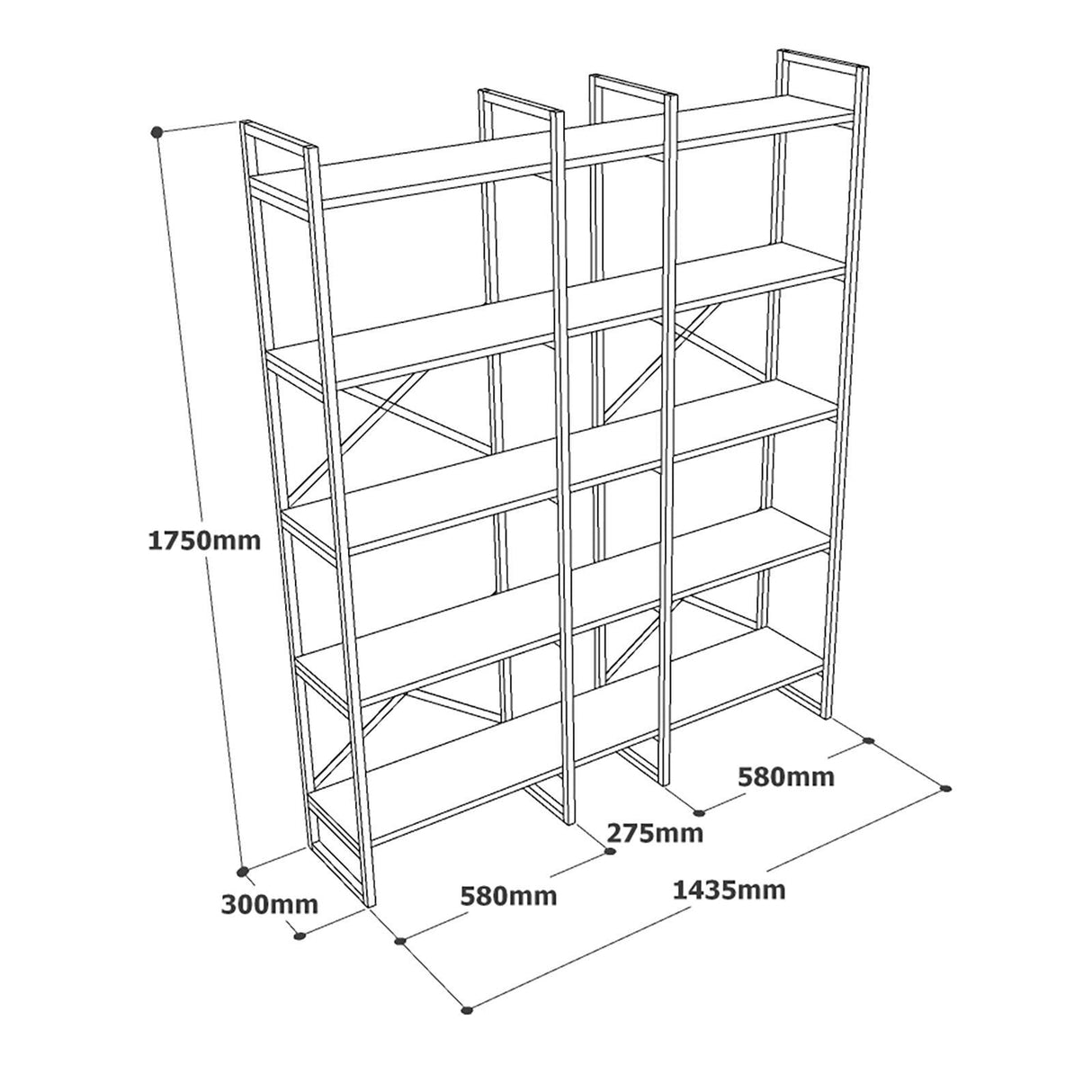 Biblioteca Advantex 5 rafturi Lung cadru metal, Stejar, 144 x 175 x 30 cm