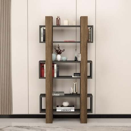 Biblioteca Elegant Carmen, 6 rafturi, Anthracite - Nuc, 80 x 160 x 26 cm