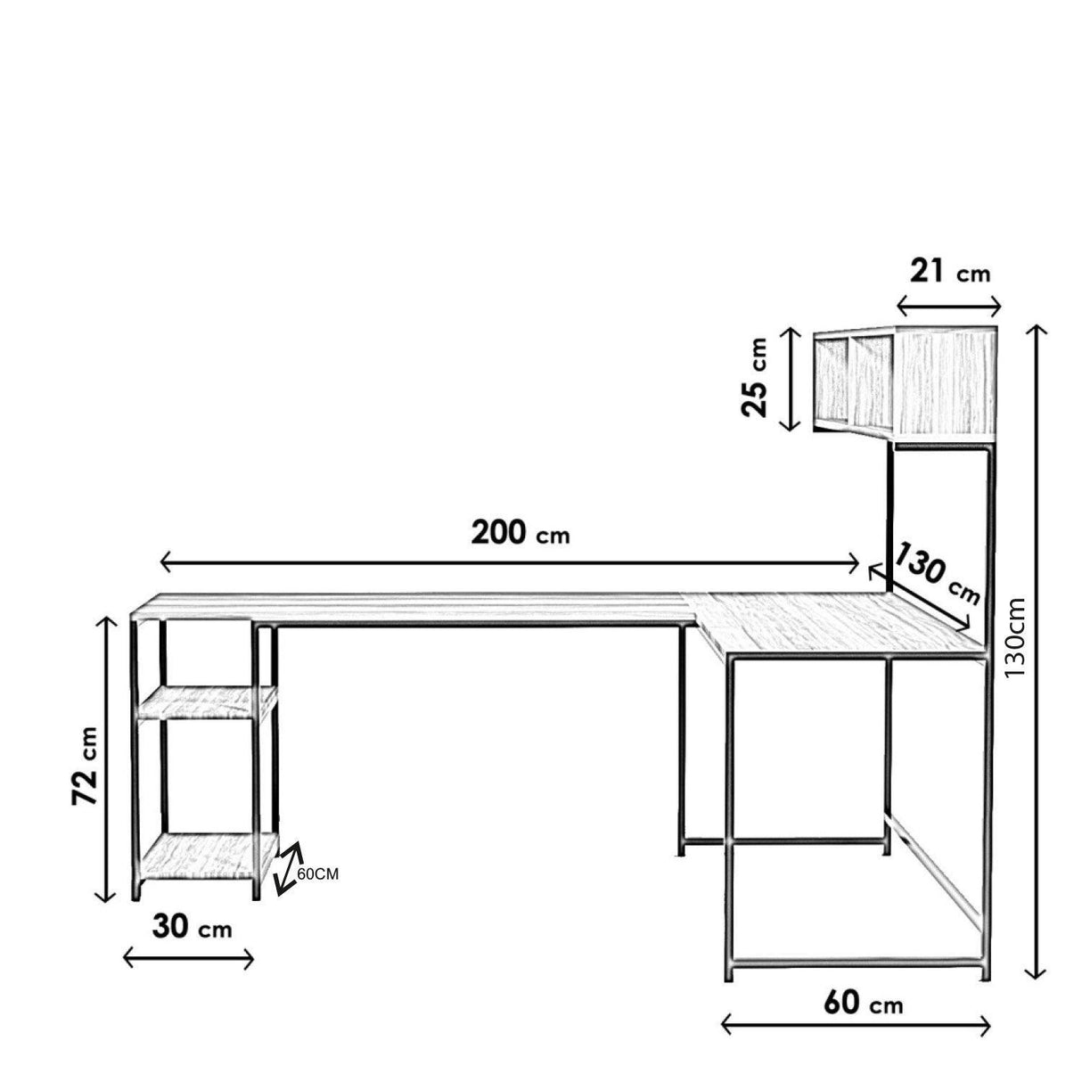 Birou Colt cu Biblioteca Mercan, Nuc, 200 x 72 x 60 cm