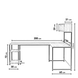 Birou Colt cu Biblioteca Mercan, Nuc, 200 x 72 x 60 cm