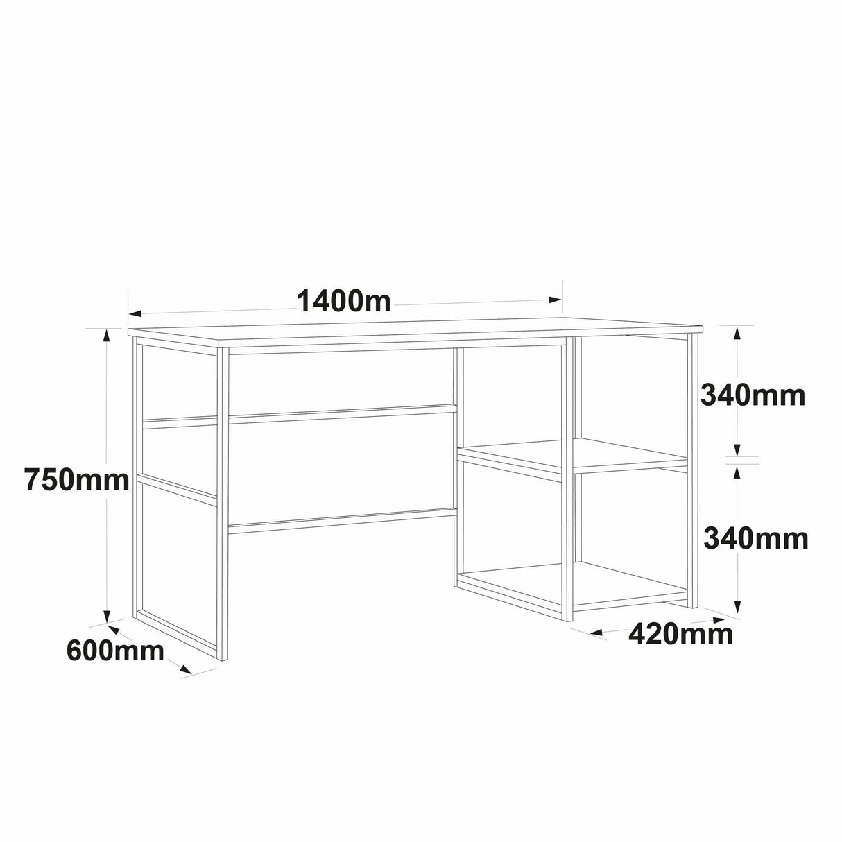 Birou Monobra Smart cu 2 rafturi, Stejar, 140 x 75 x 60 cm