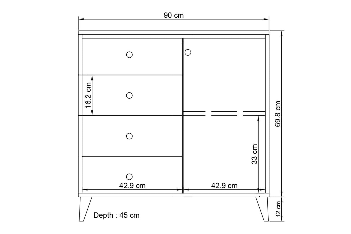 Comoda Dilan cu 4 sertare si Usa, Alb, 90 X 82 X 45 Cm