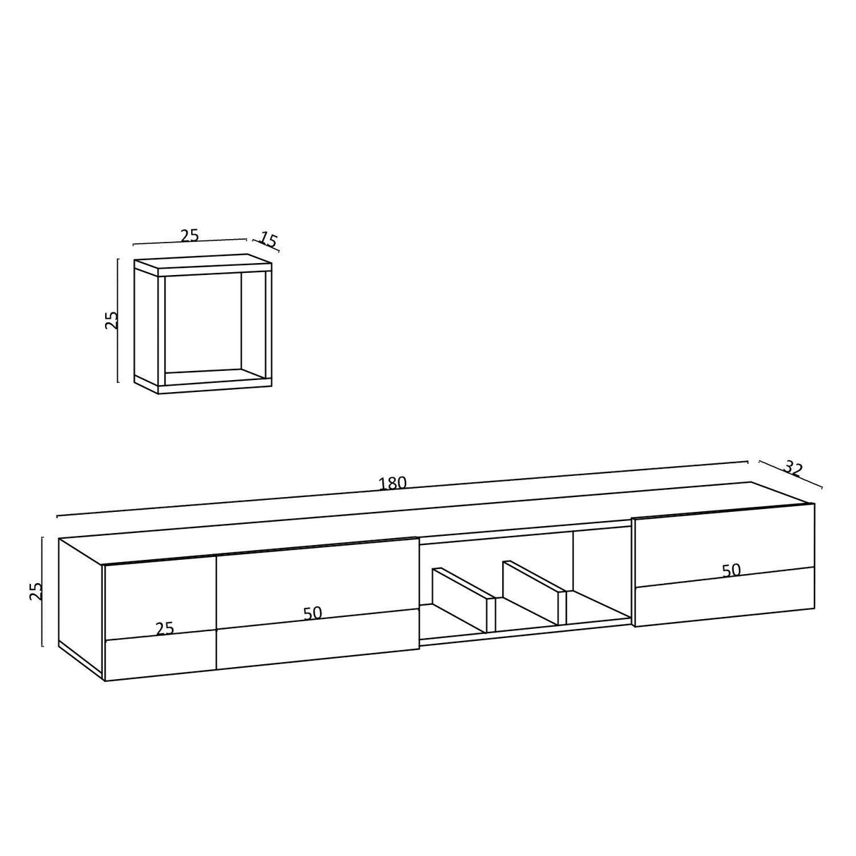 Comoda TV Pandora cu 2 usi si rafturi, Alb, 180 x 25 x 32 cm