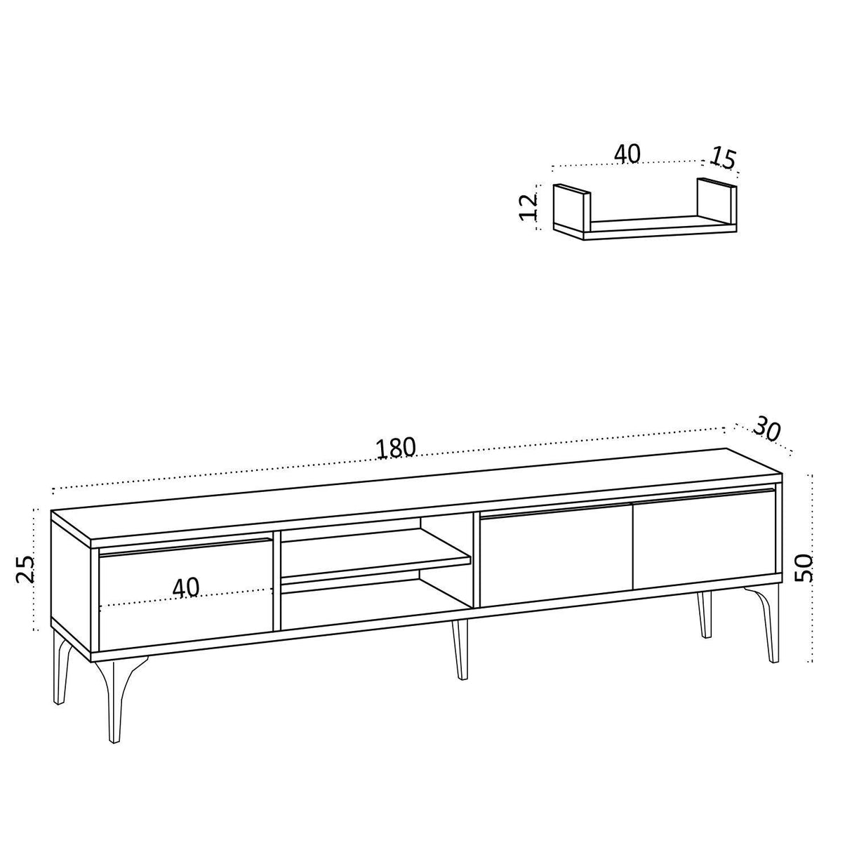 Comoda TV Titan cu 3 usi si rafturi , picior inalt, Stejar, 180 x 50 x 30 cm