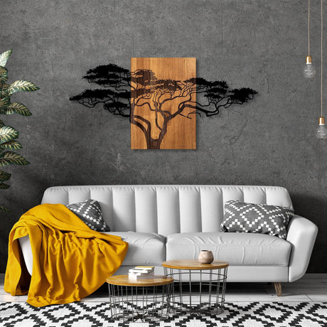 Decoratiune de perete lemn Acacia Tree - 329, Negru, 3x70x144 cm
