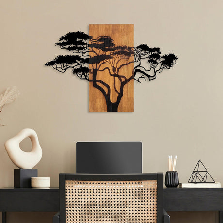 Decoratiune de perete lemn Acacia Tree - 387, Nuc, 58x3x90 cm