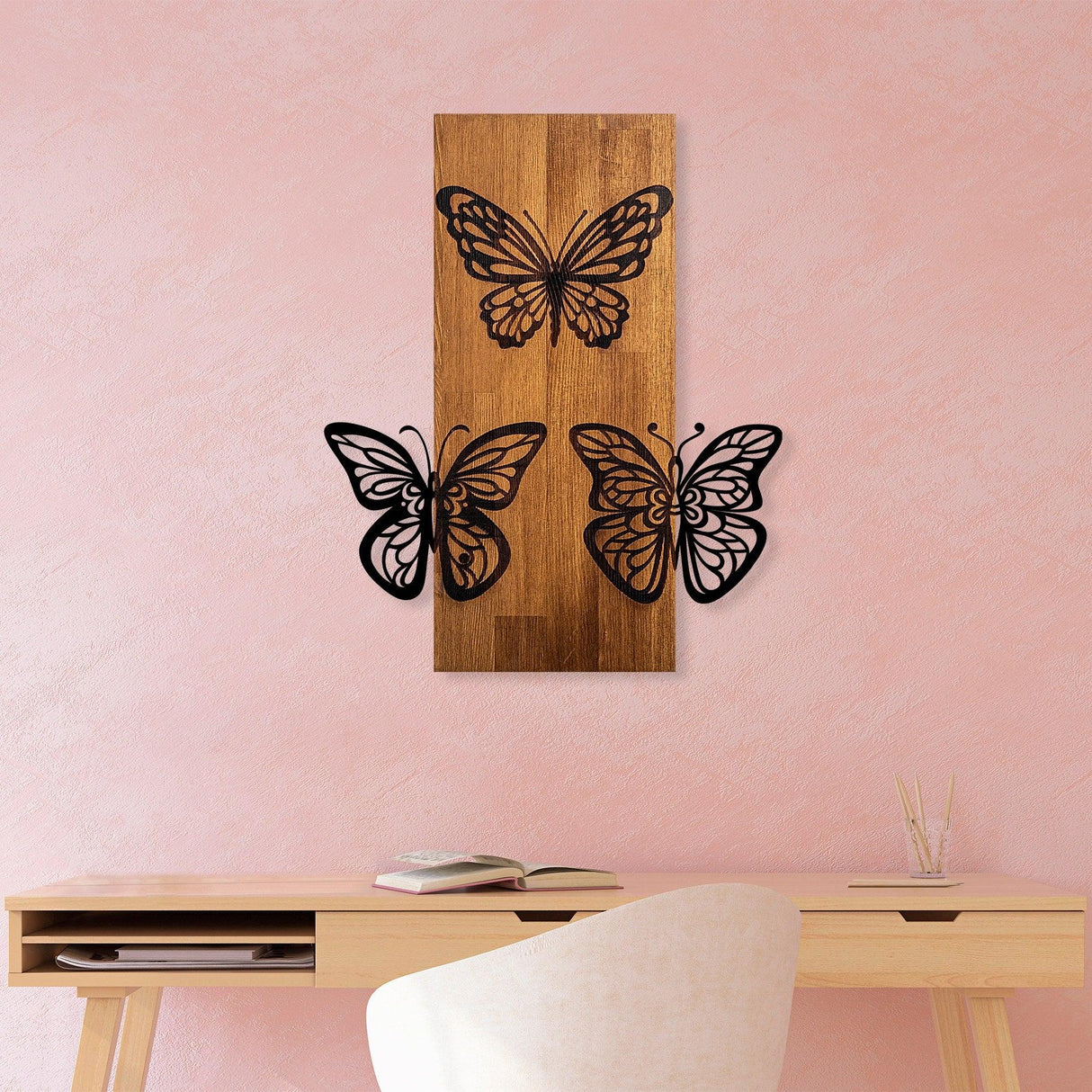 Decoratiune de perete lemn Butterflies wooden deco, Nuc, 58x1x47 cm